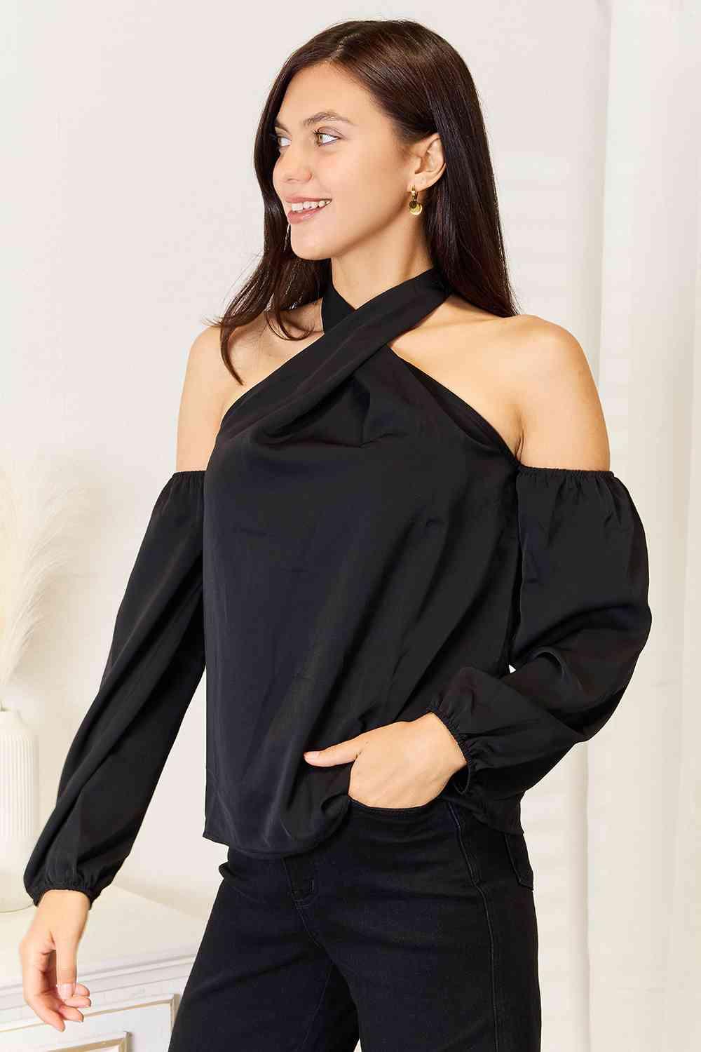 Double Take Grecian Cold Shoulder Long Sleeve Blouse - Happily Ever Atchison Shop Co.