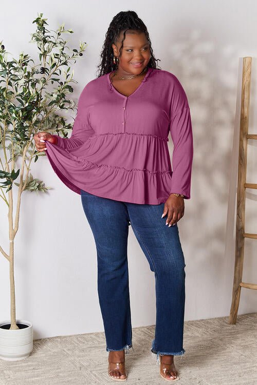 Double Take Half Button Long Sleeve Ruffle Hem Blouse - Happily Ever Atchison Shop Co.