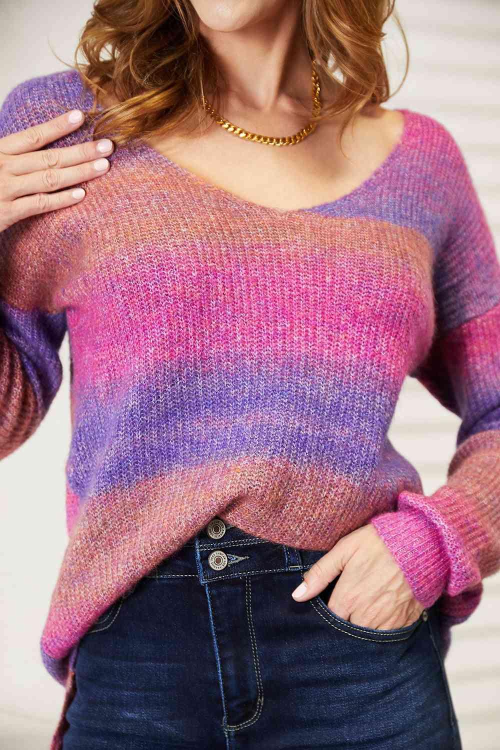 Double Take Multicolored Rib-Knit V-Neck Knit Pullover - Happily Ever Atchison Shop Co.