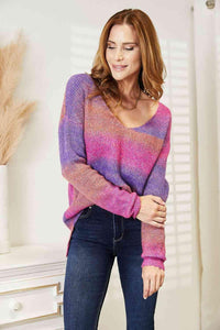 Double Take Multicolored Rib-Knit V-Neck Knit Pullover - Happily Ever Atchison Shop Co.