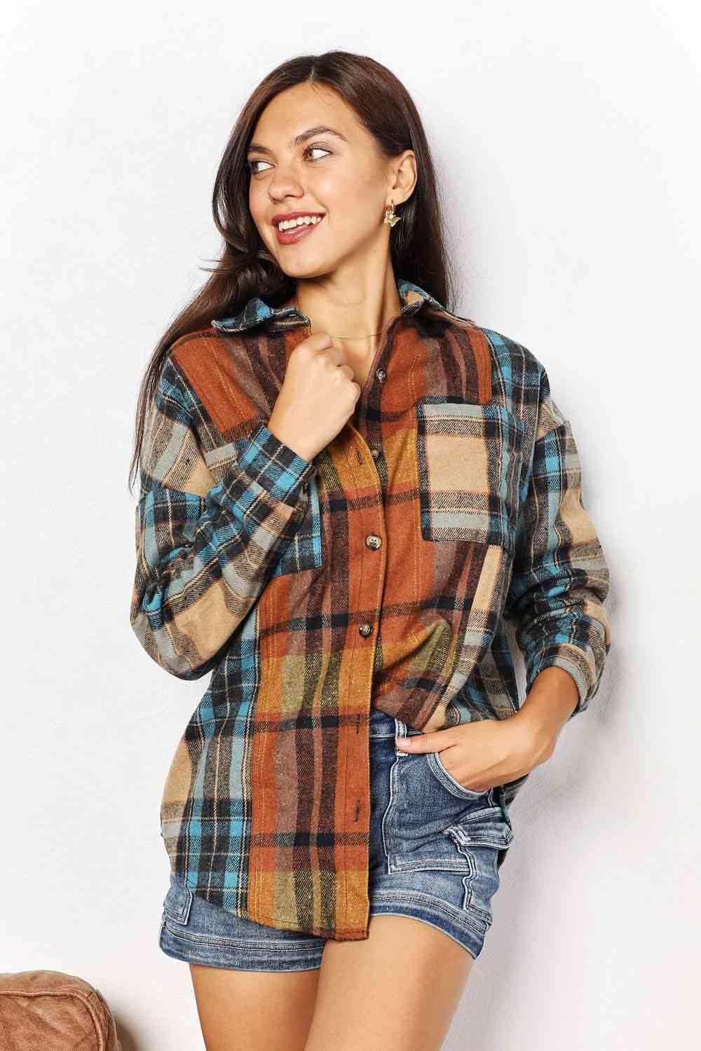 Double Take Plaid Curved Hem Shirt Jacket with Breast Pockets - Happily Ever Atchison Shop Co.