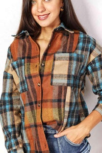 Double Take Plaid Curved Hem Shirt Jacket with Breast Pockets - Happily Ever Atchison Shop Co.