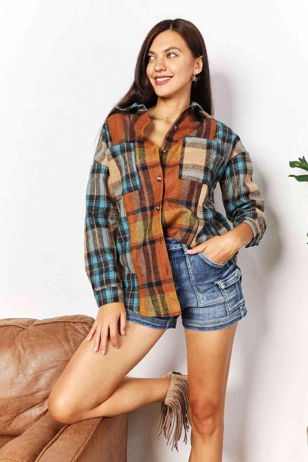 Double Take Plaid Curved Hem Shirt Jacket with Breast Pockets - Happily Ever Atchison Shop Co.