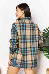 Double Take Plaid Curved Hem Shirt Jacket with Breast Pockets - Happily Ever Atchison Shop Co.