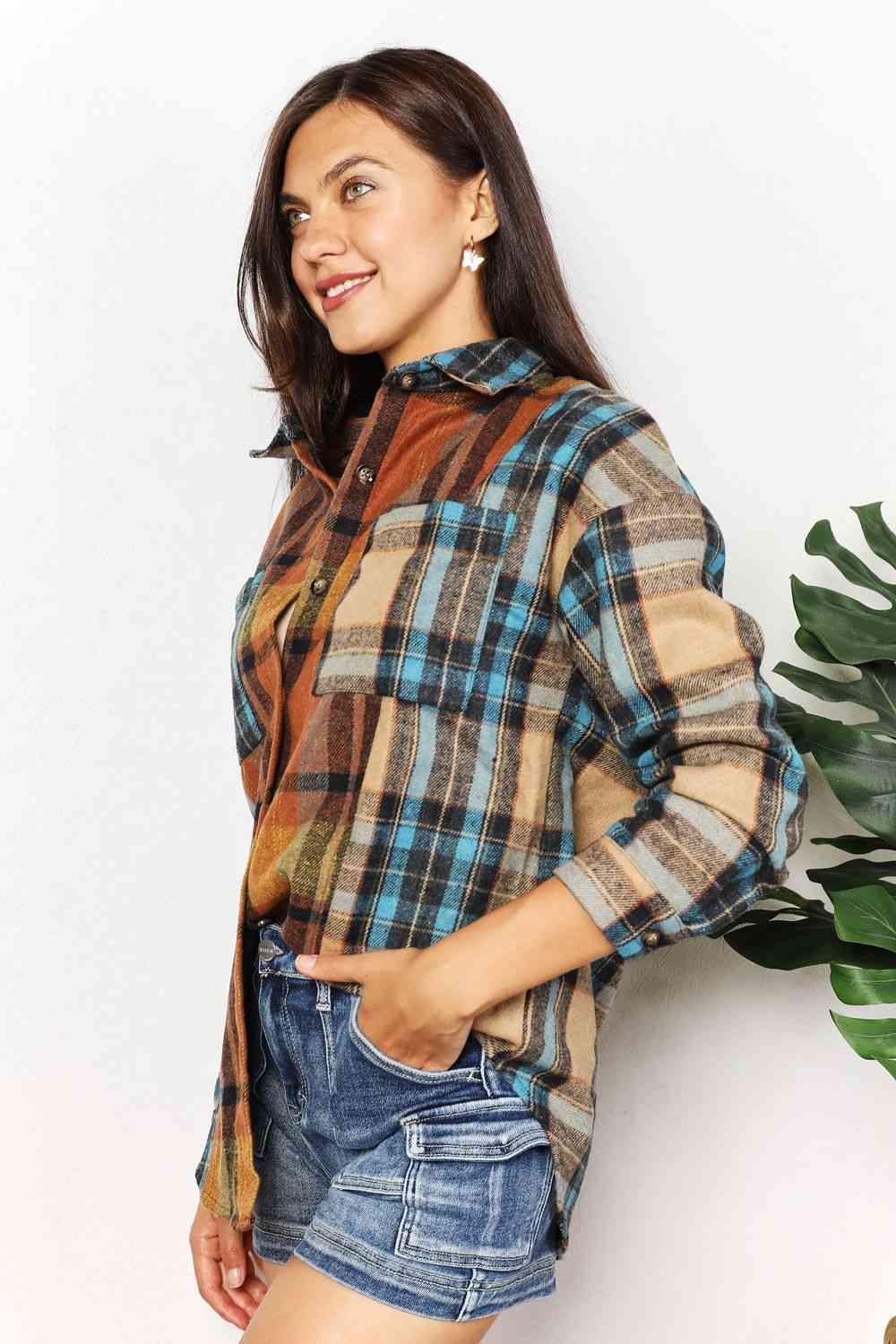 Double Take Plaid Curved Hem Shirt Jacket with Breast Pockets - Happily Ever Atchison Shop Co.