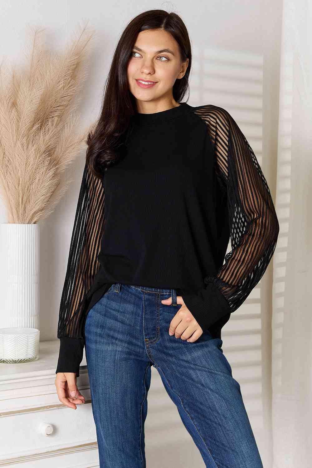 Double Take Round Neck Raglan Sleeve Blouse - Happily Ever Atchison Shop Co.