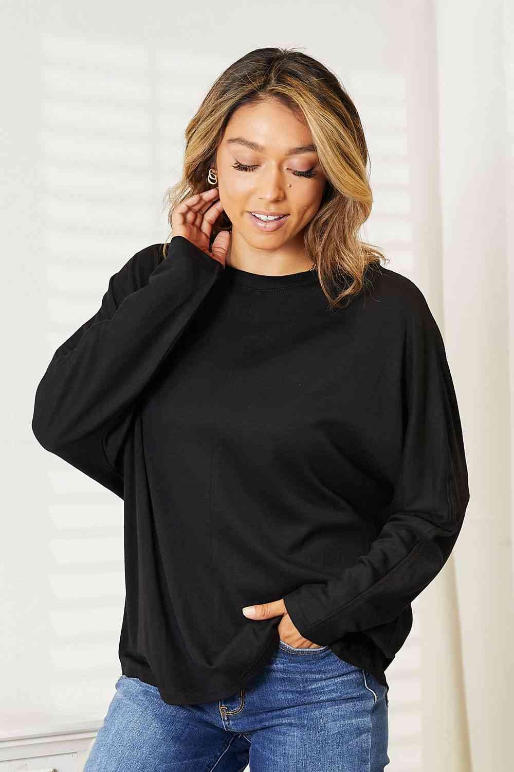 Double Take Seam Detail Round Neck Long Sleeve Top - Happily Ever Atchison Shop Co.