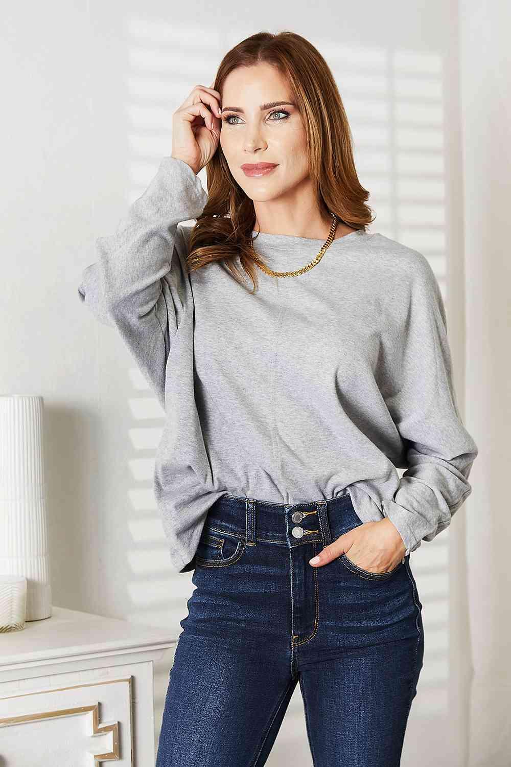 Double Take Seam Detail Round Neck Long Sleeve Top - Happily Ever Atchison Shop Co.