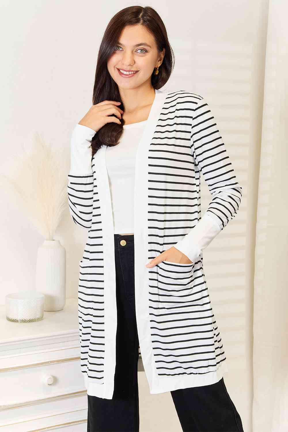 Double Take Striped Open Front Longline Cardigan - Happily Ever Atchison Shop Co.