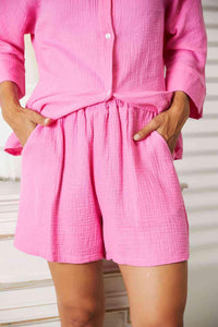 Double Take Textured Shirt and Elastic Waist Shorts Set - Happily Ever Atchison Shop Co.