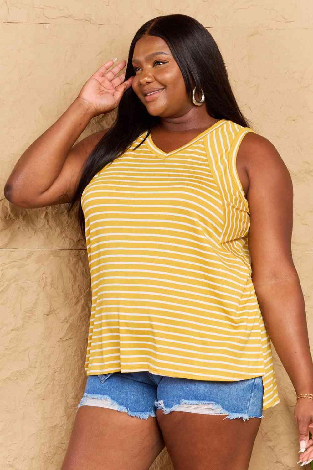 Doublju Talk To Me Full Size Striped Sleeveless V-Neck Top - Happily Ever Atchison Shop Co.