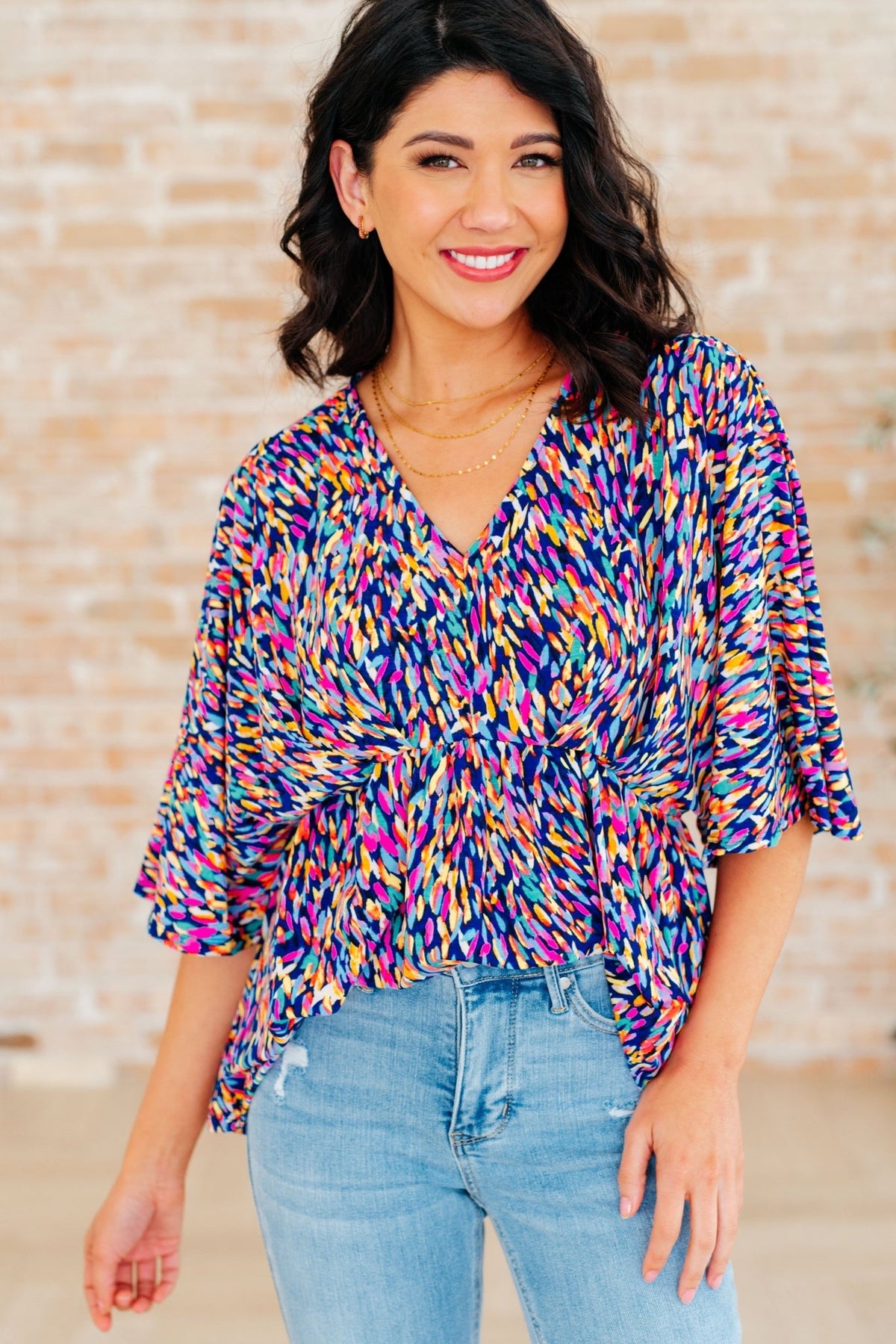 Dreamer Peplum Top in Painted Royal Multi - Happily Ever Atchison Shop Co.