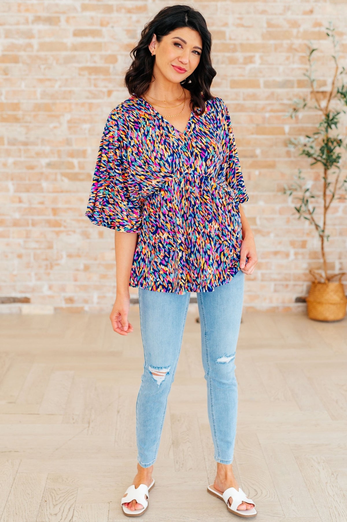 Dreamer Peplum Top in Painted Royal Multi - Happily Ever Atchison Shop Co.