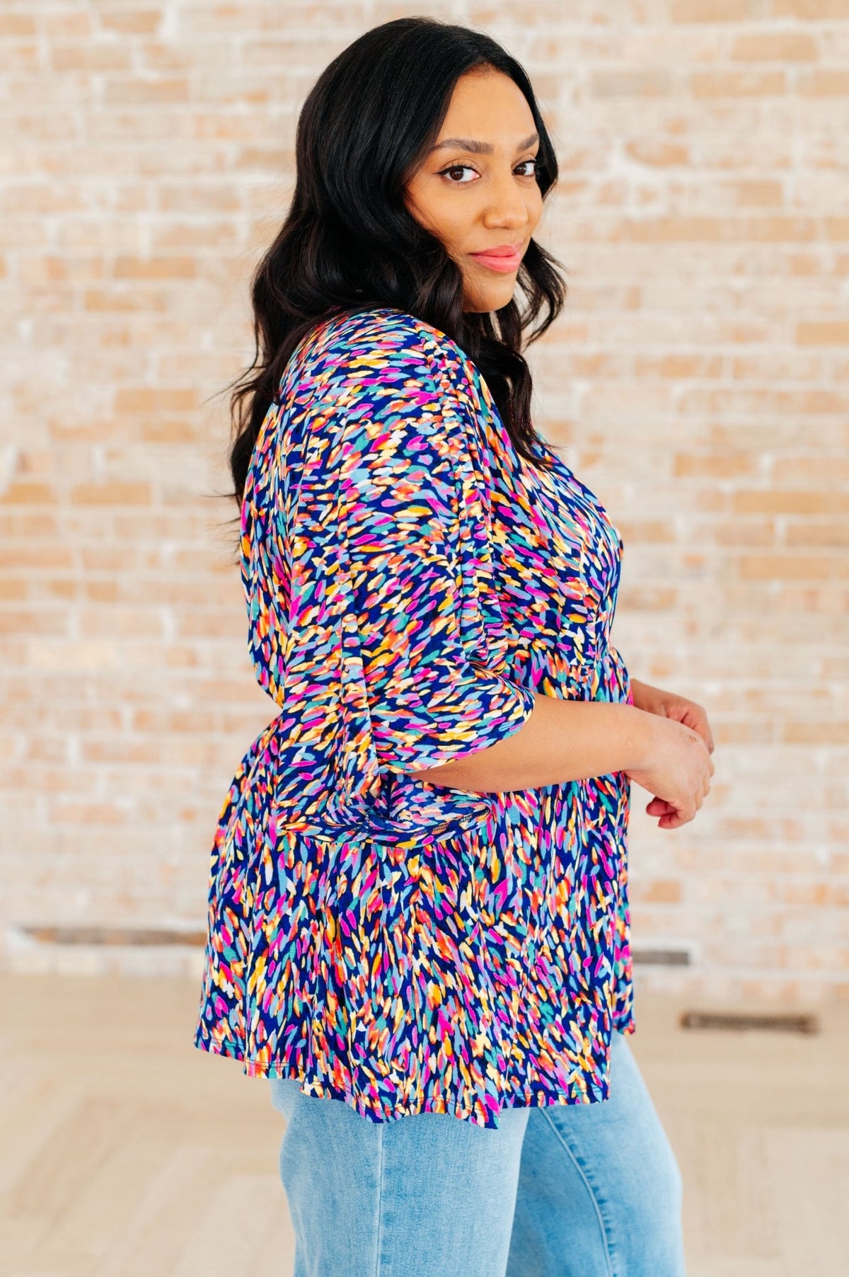 Dreamer Peplum Top in Painted Royal Multi - Happily Ever Atchison Shop Co.