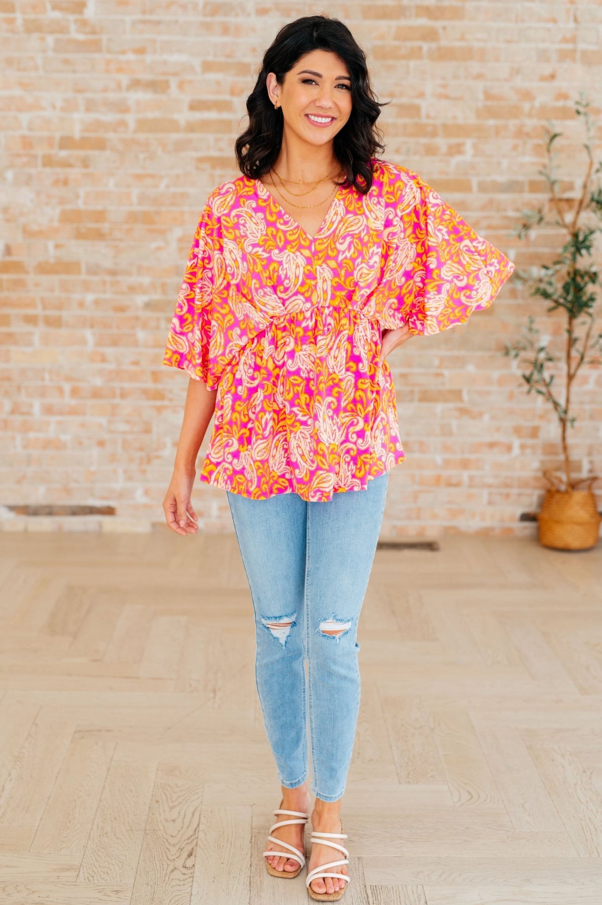 Dreamer Peplum Top in Pink Filigree - Happily Ever Atchison Shop Co.