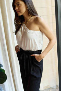 Dress Day Marvelous in Manhattan One-Shoulder Jumpsuit in White/Black - Happily Ever Atchison Shop Co.