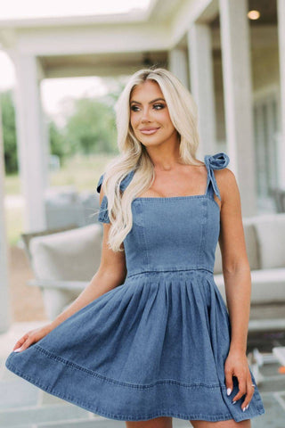 Square Neck Tie Shoulder Denim Dress - 1985 the VAULT Boutique