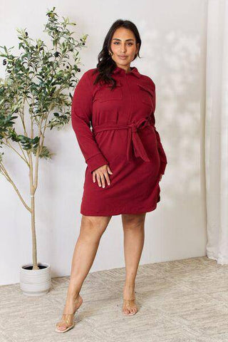 Culture Code Full Size Tie Front Half Zip Long Sleeve Shirt Dress - 1985 the VAULT Boutique