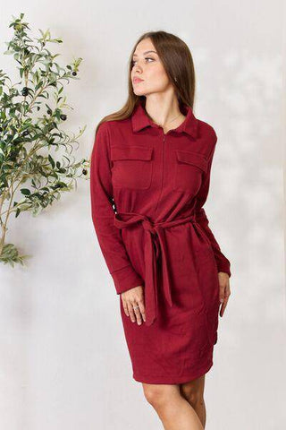 Culture Code Full Size Tie Front Half Zip Long Sleeve Shirt Dress - 1985 the VAULT Boutique