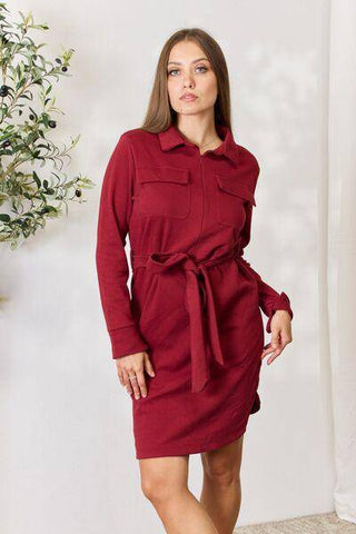 Culture Code Full Size Tie Front Half Zip Long Sleeve Shirt Dress - 1985 the VAULT Boutique