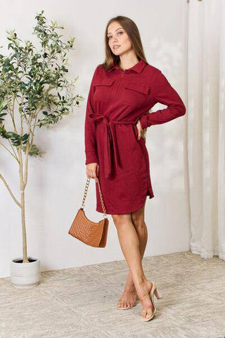 Culture Code Full Size Tie Front Half Zip Long Sleeve Shirt Dress - 1985 the VAULT Boutique