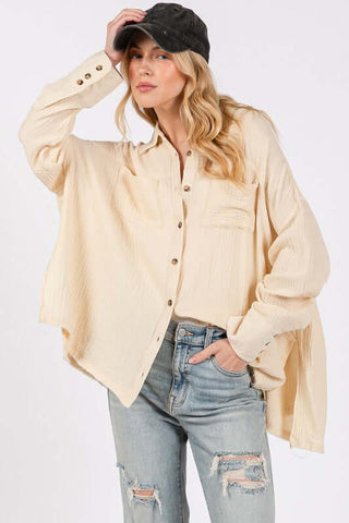 SAGE + FIG Frayed Hem Side Slit Button Down Shirt - 1985 the VAULT Boutique