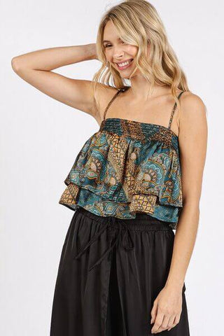 Mittoshop Paisley Patchwork Print Satin Ruffle Crop Cami - 1985 the VAULT Boutique