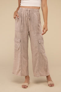 Washed Linen Elastic Band Waist Cargo Pants - 1985 the VAULT Boutique