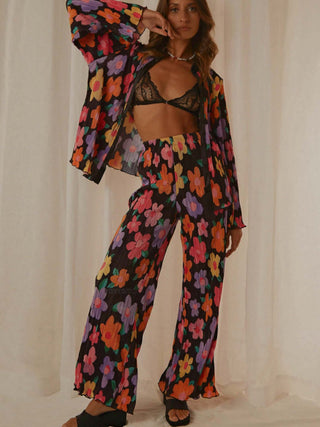 Printed Collared Neck Long Sleeve Top and Pants Lounge Set - 1985 the VAULT Boutique