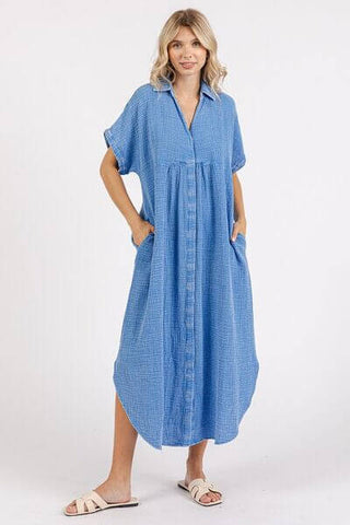 Mittoshop Mineral Wash V Neck Button Up Midi Shirt Dress - 1985 the VAULT Boutique