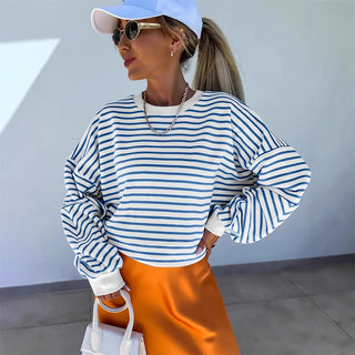 Full Size Striped Round Neck Long Sleeve Sweatshirt Plus Size - 1985 the VAULT Boutique