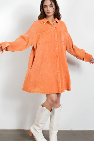 Pocketed Button Up Long Sleeve Shirt Dress - 1985 the VAULT Boutique