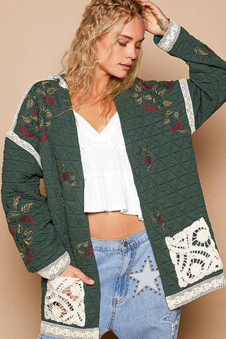 POL Embroidered Open Front Quilted Jacket with Crochet Pockets - 1985 the VAULT Boutique