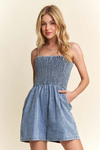 ADORA Smocked Spaghetti Strap Denim Romper - 1985 the VAULT Boutique