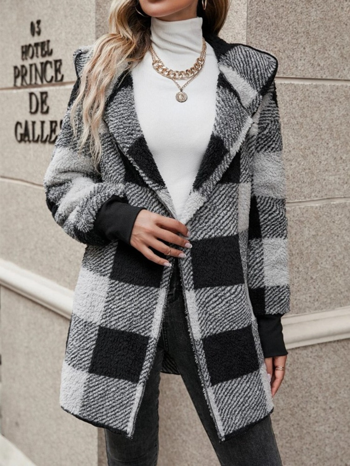 Plaid Long Sleeve Hooded Coat - 1985 the VAULT Boutique