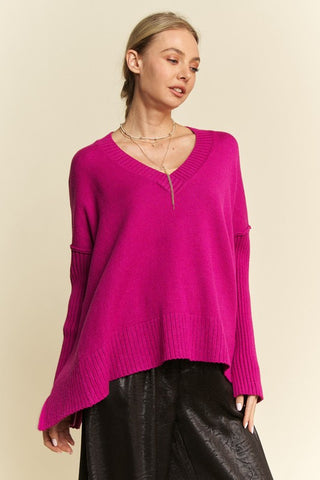 Davi & Dani Ribbed Side Slit V-Neck Sweater - 1985 the VAULT Boutique