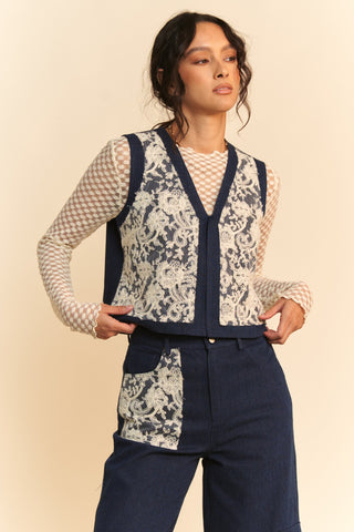 Davi & Dani Lace Patch Open Front Denim Vest - 1985 the VAULT Boutique