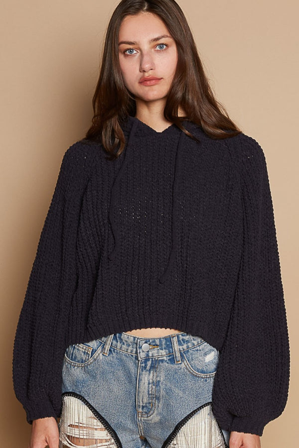 POL Back Open Slit Balloon Sleeve Crop Hooded Sweater - 1985 THE VAULT