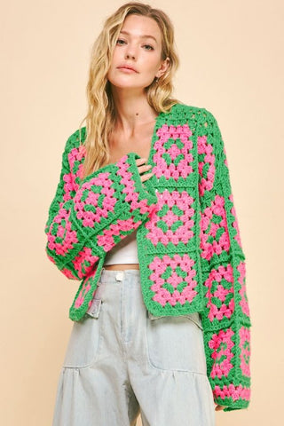 Davi & Dani Full Size Two Tone Flower Square Crochet Open Front Cardigan - 1985 the VAULT Boutique