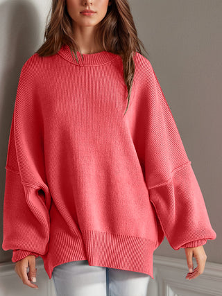 Double Take Side Slit Round Neck Long Sleeve Sweater - 1985 the VAULT Boutique