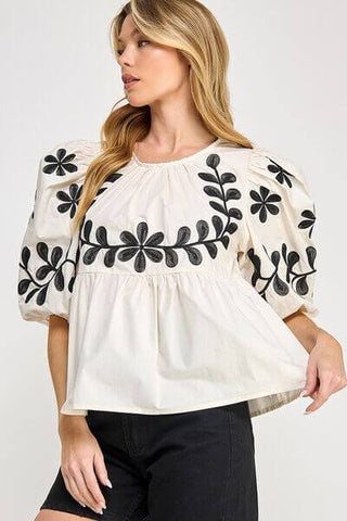 SAGE+FIG Puff-Sleeve Embroidered Peplum Blouse - 1985 the VAULT Boutique