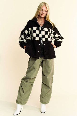 Davi & Dani Full Size Checkered Snap Down Faux Fur Jacket - 1985 the VAULT Boutique