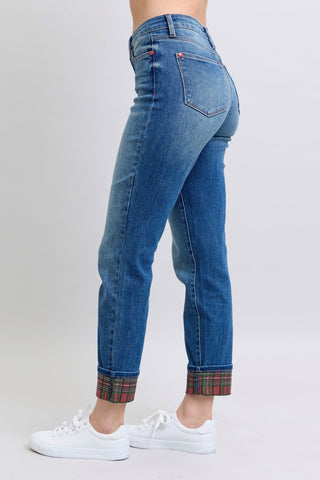 Judy Blue Full Size Plaid Print Cuff Straight Leg Jeans with Pockets - 1985 the VAULT Boutique