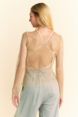 Davi & Dani Sparkling Rhinestone Sheer Mesh Round Neck Top - 1985 the VAULT Boutique