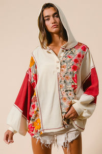 BiBi Contrast Stitching Floral Half Button Hoodie - 1985 the VAULT Boutique