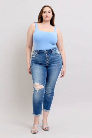 Judy Blue Full Size Button Fly Distressed Jeans with Pockets Plus Size - 1985 the VAULT Boutique