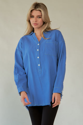 Davi & Dani Letter Back Raw Hem Half Button Shirt - 1985 the VAULT Boutique