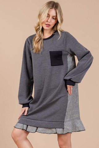 Ces Femme Striped Patchwork Round Neck Terry Sweatshirt Dress - 1985 the VAULT Boutique