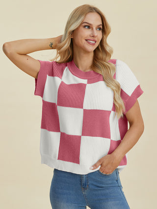 Double Take Full Size Checkered Round Neck Short Sleeve Sweater - 1985 the VAULT Boutique