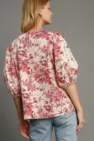 Umgee Floral Pleated Detail Lace Trim Sleeve Blouse - 1985 the VAULT Boutique